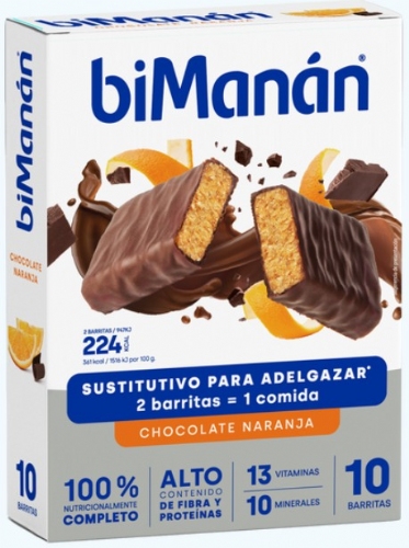BiManán Sustitutive Barrita Chocolate negro y naranja (40 g x 8 barritas)