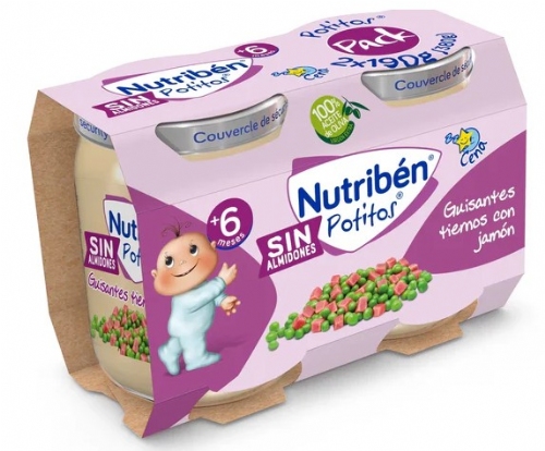 Nutribén pack potitos cena Guisantes tiernos con jamón (2ud x 190gr)