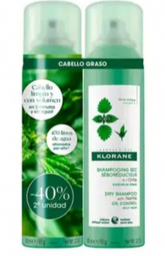 Klorane Champú seco Seborregulador ortiga (2 envases x 150 ml)