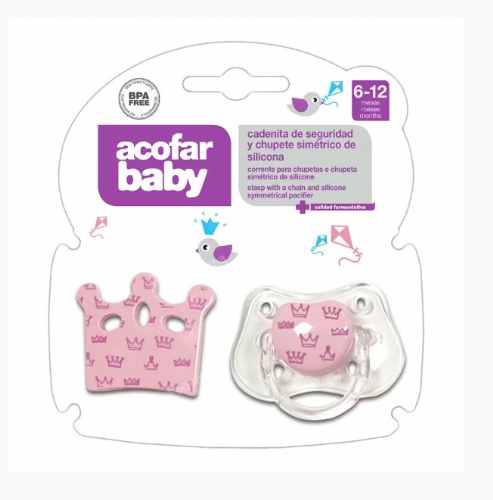 AcofarBaby Chupete Silicona Fisiológico 6 - 12 meses Rosa + cadenita 