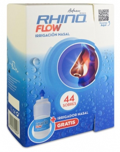 RhinoFlow estuche + irrigador nasal (44 sobres 3 g + 1 botella 300 ml)