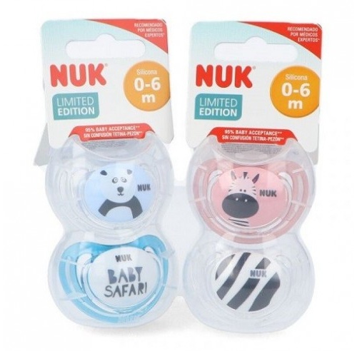 NUK Freestyle Chupete silicona 0-6 meses Safari 2 ud + caja portachupetes