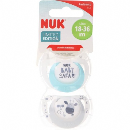 NUK Freestyle Chupete silicona 18 - 36 meses Safari 2 ud + caja portachupetes