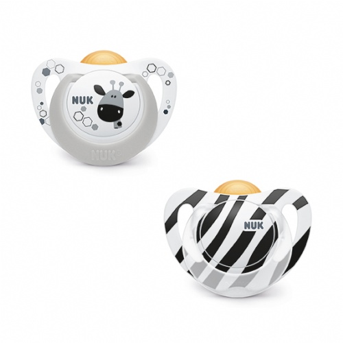 NUK Genius Chupete látex Anatómico Safari 6 - 18 meses (2 ud) c/ caja portachupetes