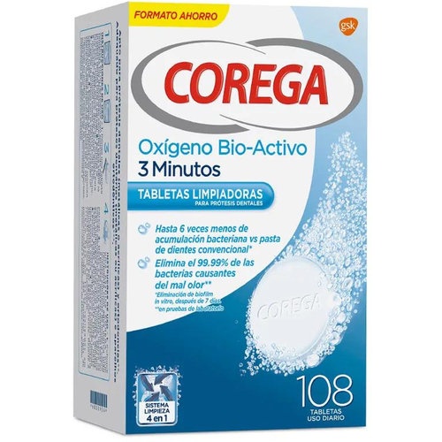 COREGA Oxígeno Bio-Activo 3 Minutos - limpieza protesis dental (108 tabletas)