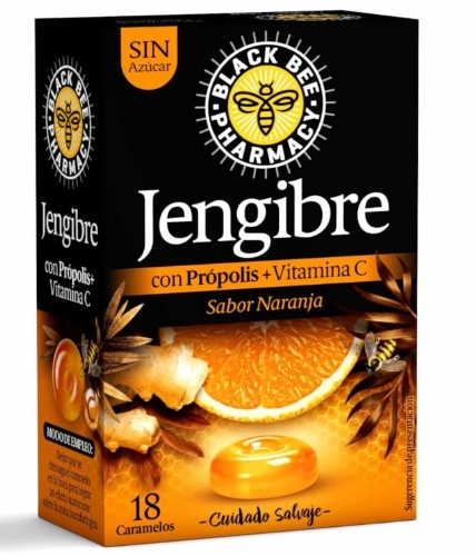 Black Bee Caramelos Jengibre con Própolis y Vit C Sabor Naranja (18 caramelos sin azúcar)