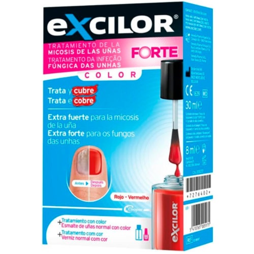 Excilor forte + esmalte cosmetico 1 frasco 30 ml color rojo + 1 envase 8 ml color rojo