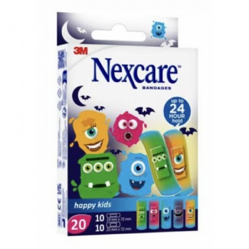 3m nexcare active happy kids aposito adhesivo monsters 10 unidades 25 mm x 72 mm + 10 unidades 19 mm