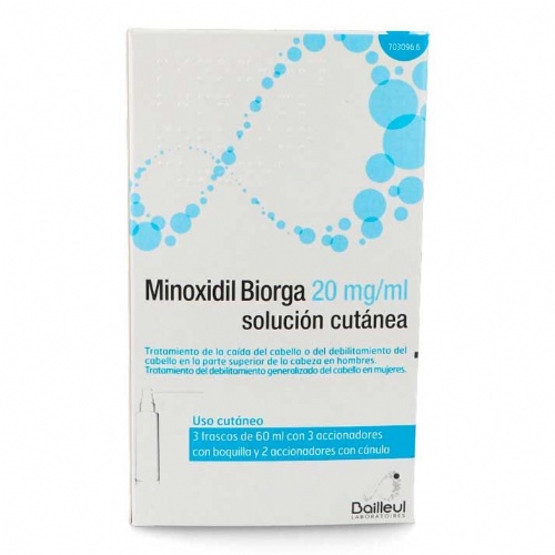 MINOXIDIL BIORGA 20 MG/ML SOLUCION CUTANEA , 3 frascos de 60 ml y 3 accionadores con boquilla y 2 ac
