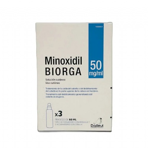 MINOXIDIL BIORGA 50 MG/ML SOLUCION CUTANEA , 3 frascos de 60 ml y 3 accionadores con boquilla y 2 ac