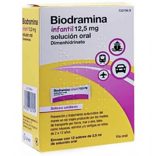 BIODRAMINA INFANTIL 12,5 MG SOLUCION ORAL, 12 sobres unidosis de 2,5 ml