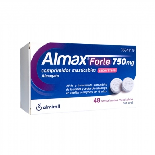 ALMAX FORTE 750 MG COMPRIMIDOS MASTICABLES SABOR FRESA, 48 comprimidos
