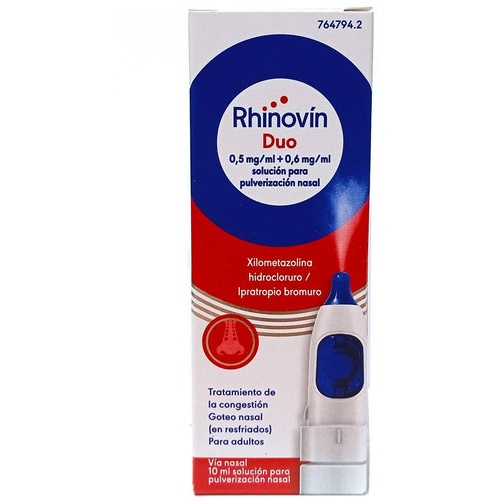RHINOVIN DUO 0,5 mg/ml + 0.6 mg/ml SOLUCION PARA PULVERIZACION NASAL, 1 envase pulverizador de 10 ml