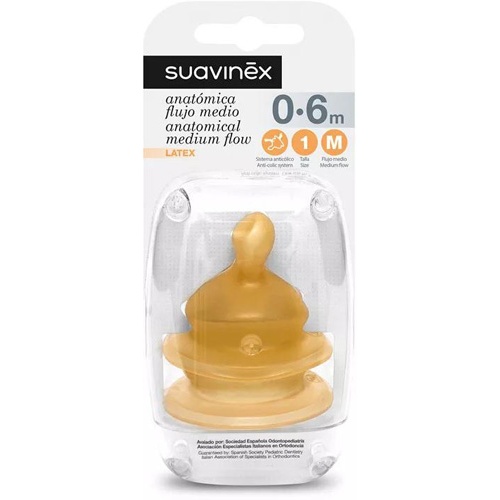 Suavinex Tetina de Biberón anatómica Látex talla 1M Flujo Medio (2 ud)