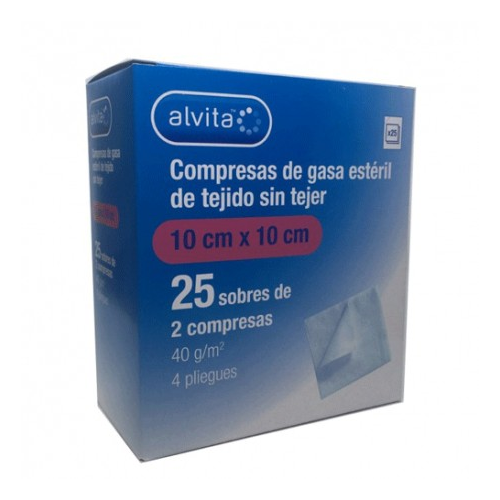 Alvita compresas gasa esteril tejido sin tejer  25 sobres 2 gasas 10 cm x 10 cm