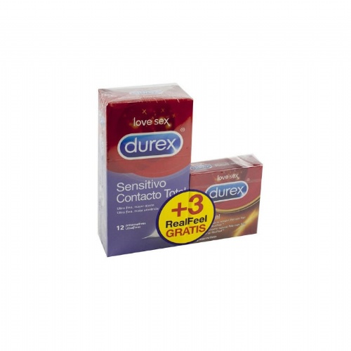 Durex sensitivo contacto total+ durex real feel - preservativos (12 unidades + 3 unidades promocion)