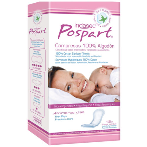 Indasec Pospart Compresas Primeros días 100% Algodón Pérdidas abundantes (12 ud)