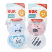 NUK Freestyle Chupete silicona 0-6 meses Safari 2 ud + caja portachupetes