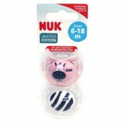 NUK Freestyle Chupete silicona 6-18 meses Safari 2 ud + caja portachupetes