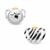 NUK Genius Chupete látex Anatómico Safari 6 - 18 meses (2 ud) c/ caja portachupetes