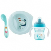 Chicco - Set completo comida, incluye plato + cubiertos + vaso, 6 m+, azul